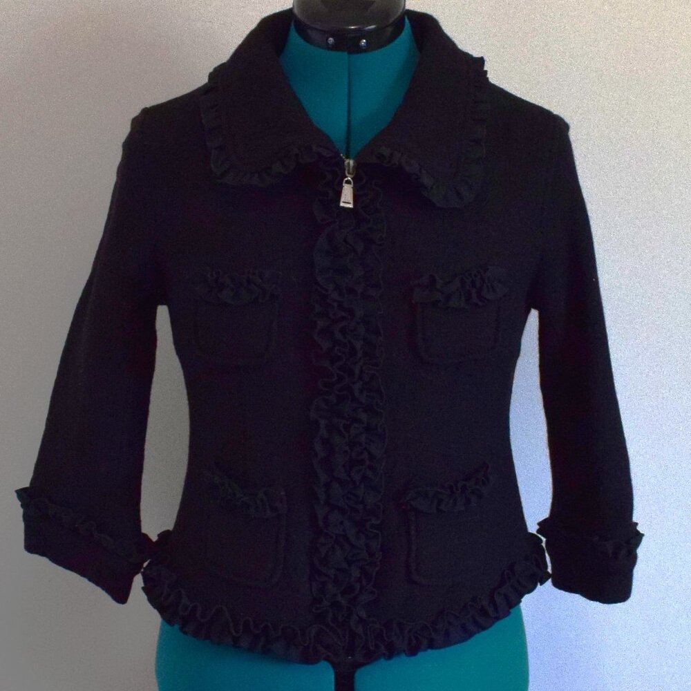 Mac & Jac Boiled Wool Ruffled Edge Cropped Zip Up Jacket